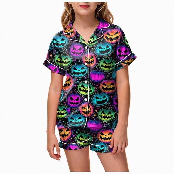 Cdudpw Toddler Girl Halloween Pajamas Set Ghost Print Short Sleeve Button Down Shirt Pants Fall Pjs Satin Outfits(A006-Multicolour)