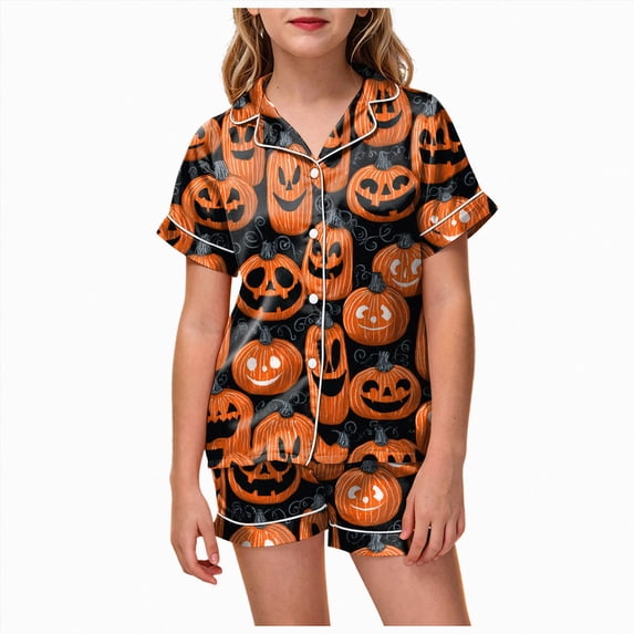 Cdudpw Toddler Girl Halloween Pajamas Set Ghost Print Short Sleeve Button Down Shirt Pants Fall Pjs Satin Outfits(A006-Orange)