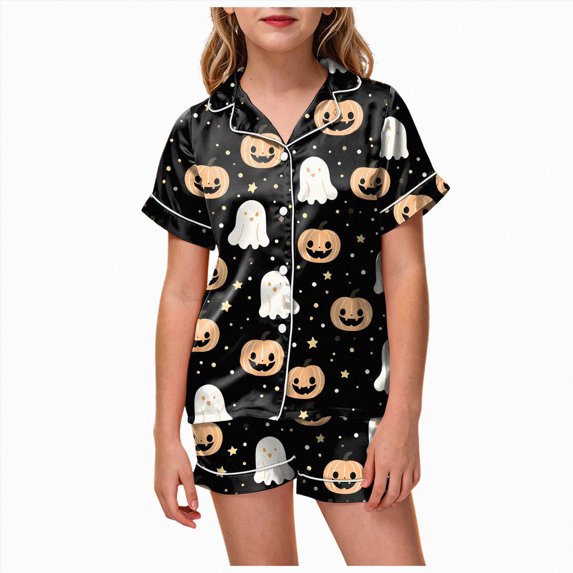 Cdudpw Toddlers Halloween Pajamas Outfits Baby Kids Girl Ghost Print Pajama Set Button Down Lounge Sleepwear(A009-Black)