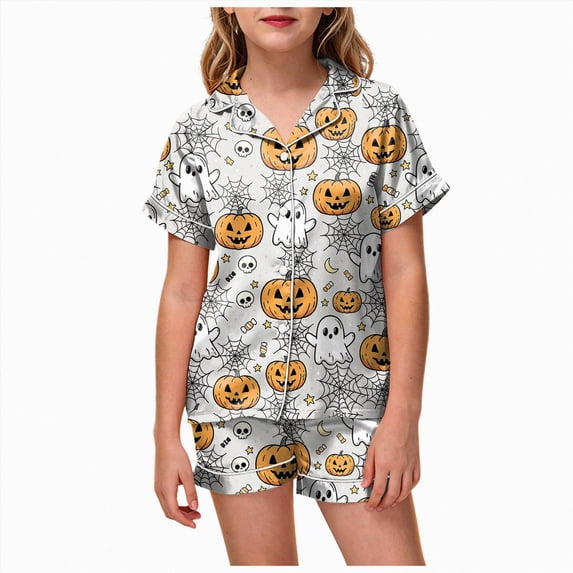 Cdudpw Toddlers Halloween Pajamas Outfits Baby Kids Girl Ghost Print Pajama Set Button Down Lounge Sleepwear(A009-Grey)