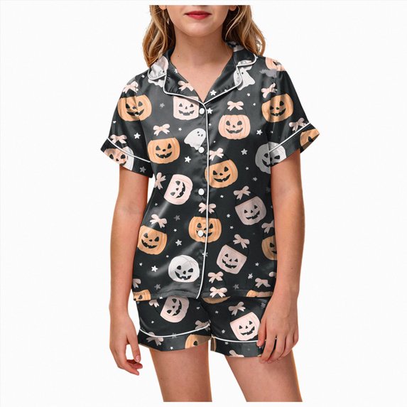 Cdudpw Toddlers Halloween Pajamas Outfits Baby Kids Girl Ghost Print Pajama Set Button Down Lounge Sleepwear(A009-Orange)