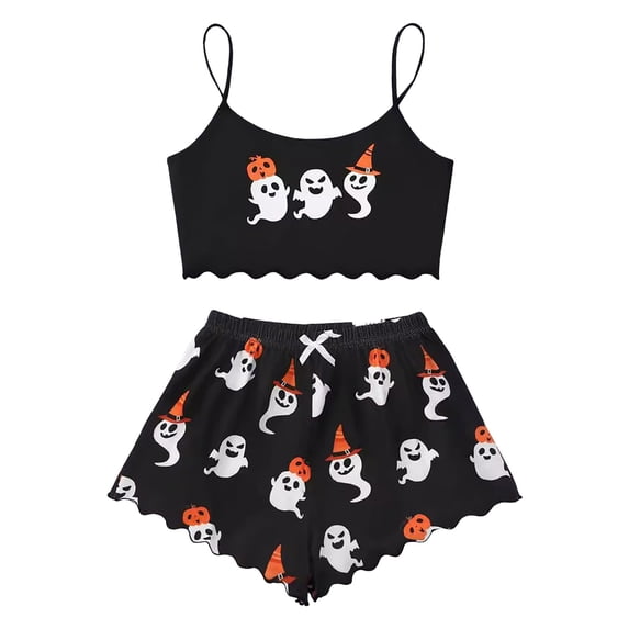 Cdudpw Women Halloween 2 Piece Pajamas Set Sexy Cute Print Sleeveless Cami Crop Top Elastic High Rise Shorts Loungewear Outfits(T145-Dark Green)