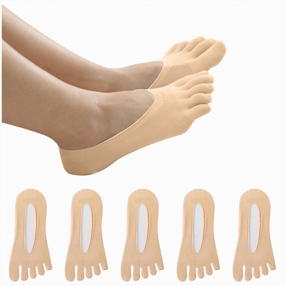 Cdudpw Women's Toe Socks Summer Cotton Mesh Breathable Running Five Finger Low Cut Ankle Socks,5 Pairs (Beige,One Size)