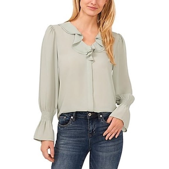 CeCe Long Sleeve Ruffled V-Neck Blouse Women's M Light Sage Button Front Closure
