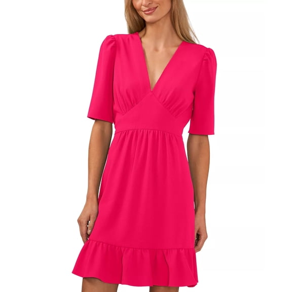 CeCe PINK PEACOCK Women's V-Neck Ruffle-Hem Elbow-Sleeve Mini Dress, US 4