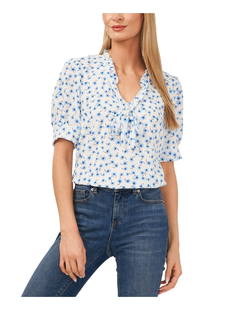 CeCe Petite Printed Puff-Sleeve Blouse New Ivory PS