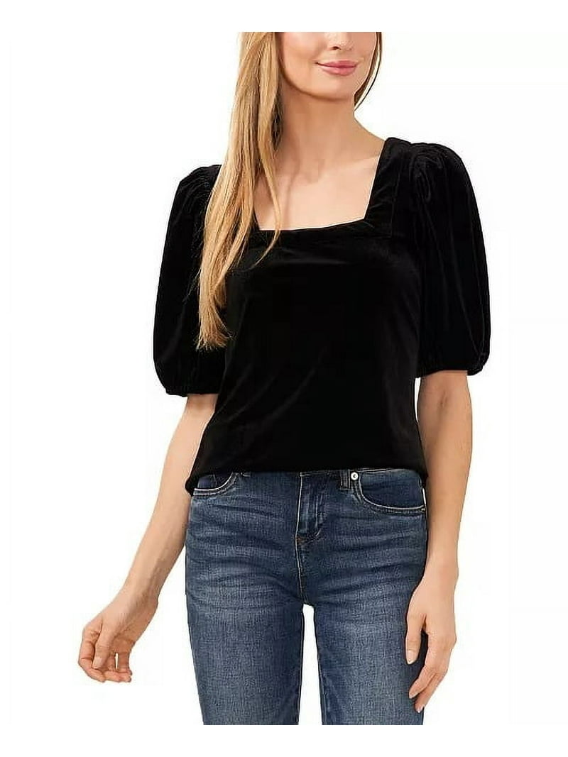 CeCe RICH BLACK Women's Square Neck Short Puff Sleeve Velvet Top