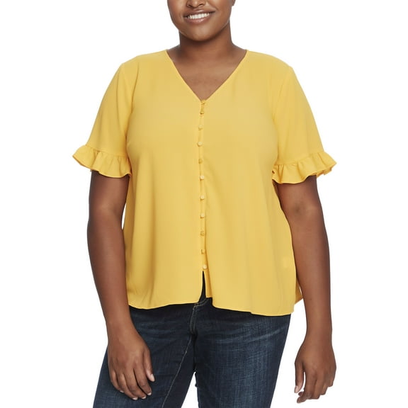 CeCe Ruffle Button-Up Blouse Sunburst 3X