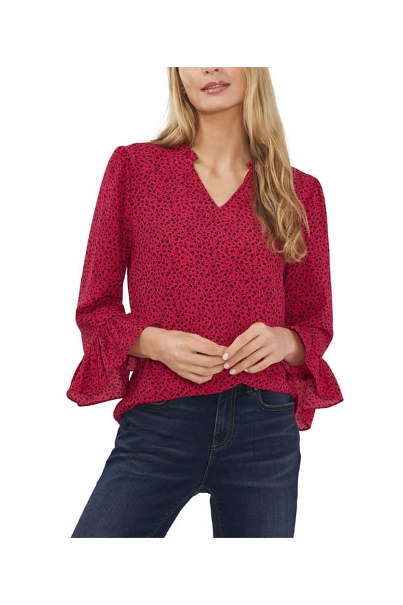 Ruffle V-Neck Elbow Sleeve w/Ruffles Rose Cerise XS