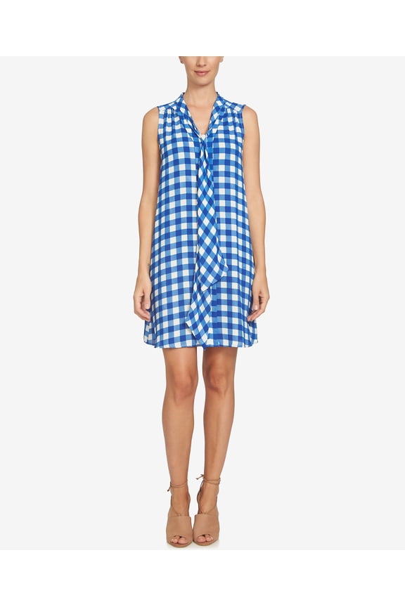 Tie-Neck Gingham-Print Dress Juniors dress MSRP $129 Blue 4