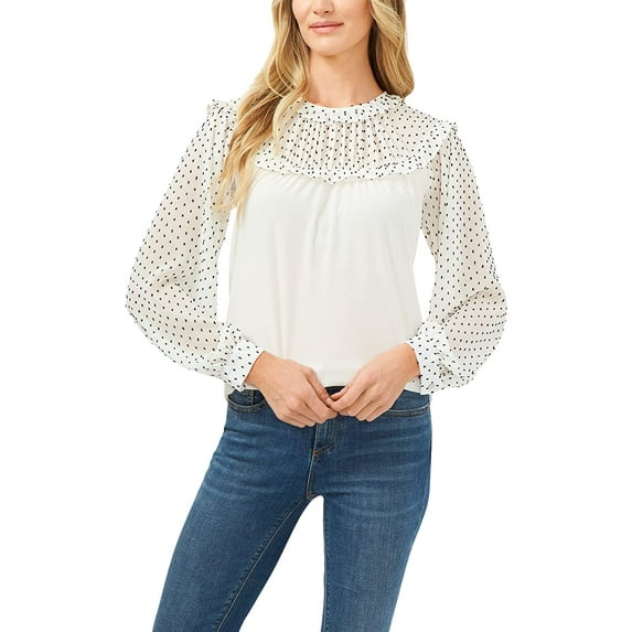 CeCe Women's Clip Dot Ruffle Yoke Top White Size Medium