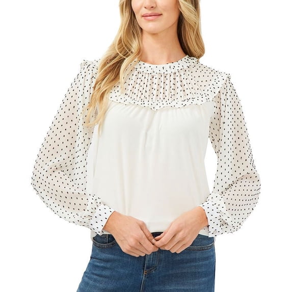 CeCe Women's Clip Dot Ruffle Yoke Top White Size Medium
