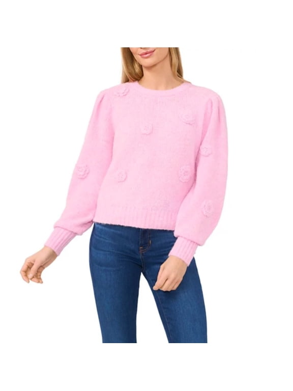 Women's Long Sleeve 3D Floral Applique Sweater Corsage Size L