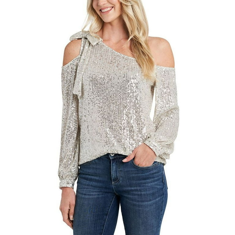 CeCe Women s One Shoulder Sequin Top Gray Size Medium Walmart