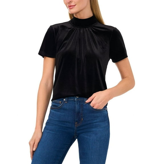 CeCe Women's S/S Mock Neck A-Line Top W/Back Combo Bow 060, Rich Black