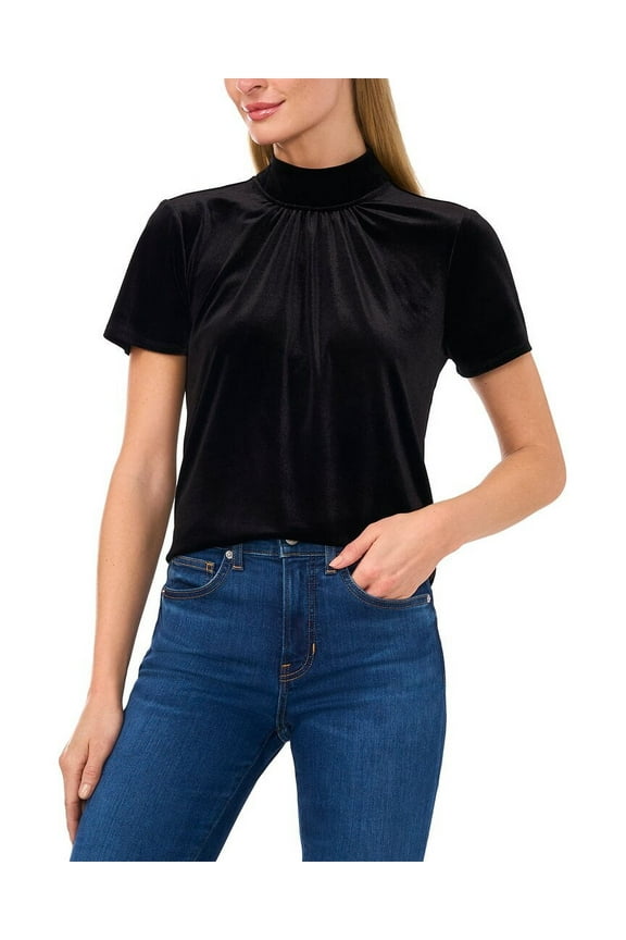 Women's S/S Mock Neck A-Line Top W/Back Combo Bow 060, Rich Black