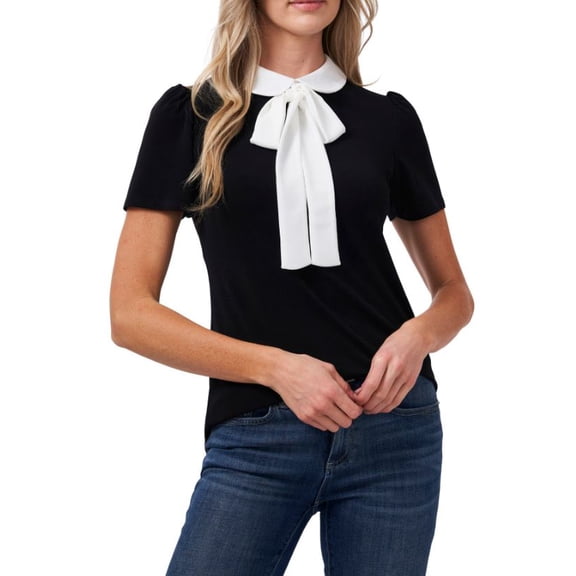 CeCe womens Short Sleeve Collared Blouse, l, Black