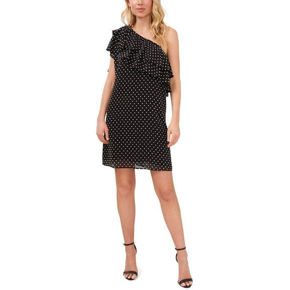 Womens One Shoulder Clip Dot Dress Rich Black S