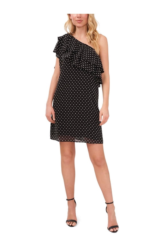 Womens One Shoulder Clip Dot Dress Rich Black S