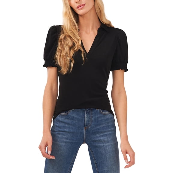 Women's Collared Split Neck Short Sleeve Knit Top Color: Rich Black Size: S