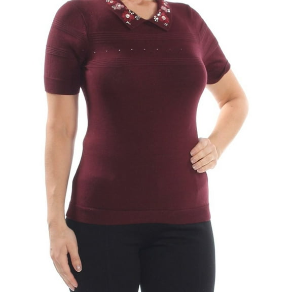 CeCe Womens Embroidered Collar Knit Sweater, Purple, X-Small