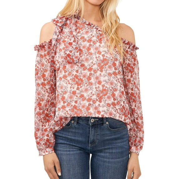 CeCe Womens Floral Cold Shoulder Blouse, Pink, Small