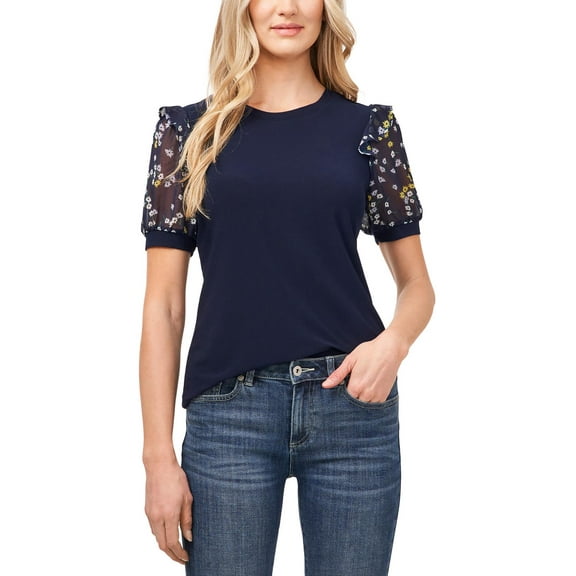 CeCe Womens Floral Print Crewneck Pullover Top