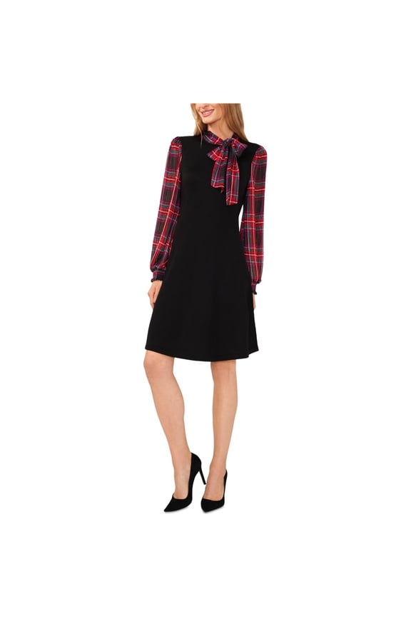 Womens Tie Neck Tartan Sweater Dress, Multicoloured, Medium