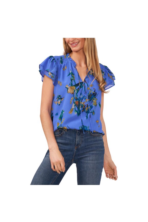 Womens Tie Neck Tier Flutter Ruffled Blouse, Blue, Medium