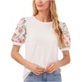 thumbnail image 1 of Women's Floral Mixed Media Short Puff Sleeve Knit Top New Ivory L, 1 of 1