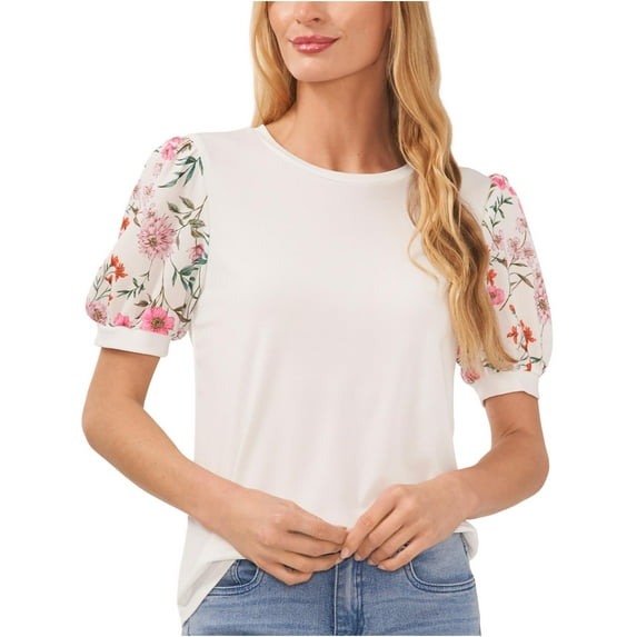 Women's Floral Mixed Media Short Puff Sleeve Knit Top New Ivory L