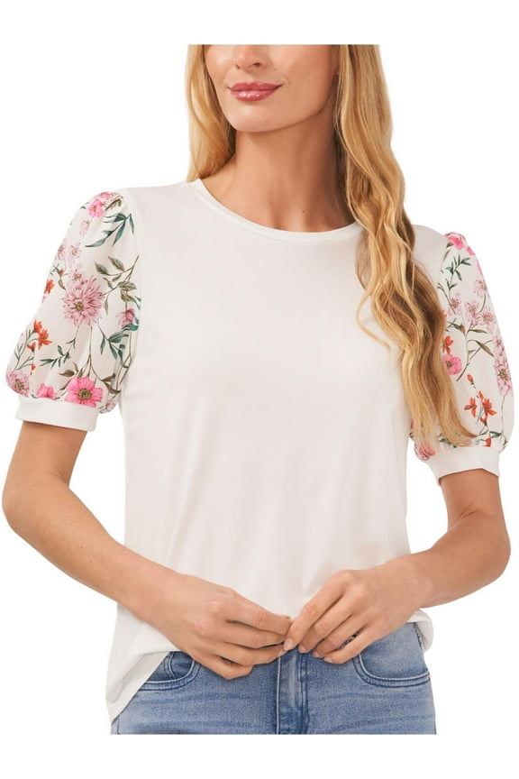 Women's Floral Mixed Media Short Puff Sleeve Knit Top New Ivory M