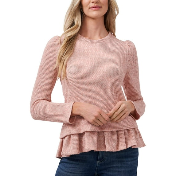 CeCe Womens Knit Ruffled Crewneck Sweater