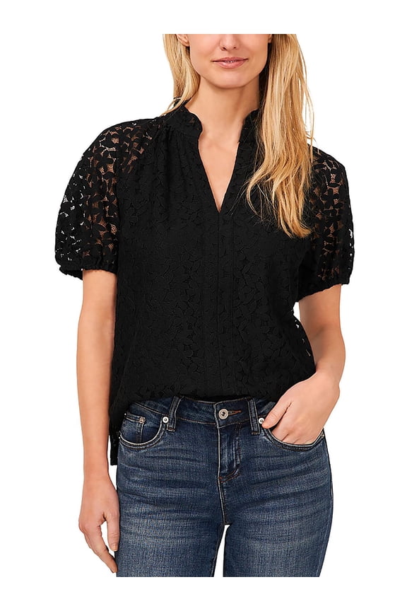 womens Ruffle Neck Raglan Seam Split Neck Blouse, m, Black