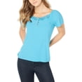 thumbnail image 1 of CeCe Womens Lace Trim 3/4 Button-Down Pullover Top Blue S, 1 of 1