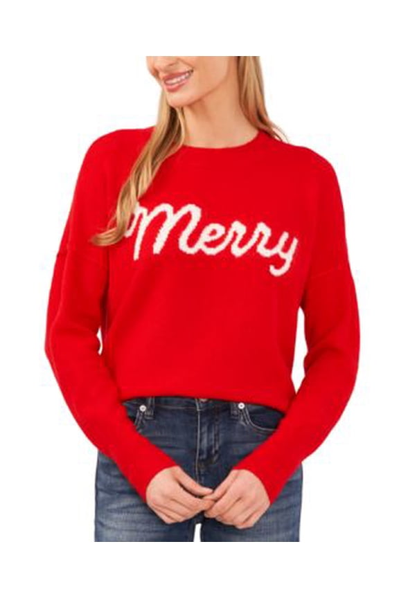 CeCe Womens Merry Script Long-Slee Bright Cherry M