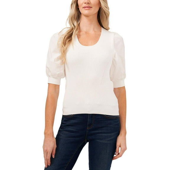 CeCe Womens Mixed Media Ribbed Knit Blouse
