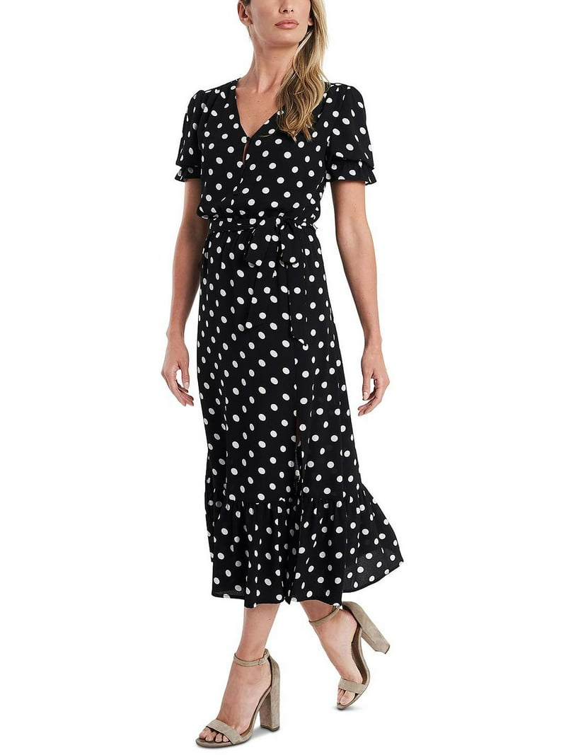 Women's Short Sleeve Polka-Dot Tie-Waist Midi Dress Rich Black