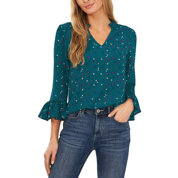 CeCe Womens Ruffle Sleeves V-Neck Blouse