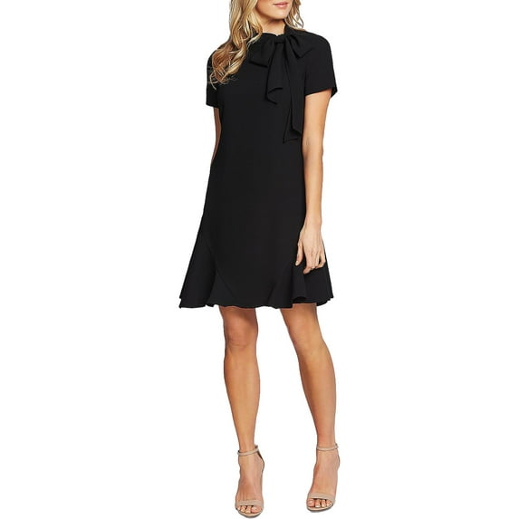 Women's Short Sleeve A-Line Bow Tie Neck Dress Rich Black 4