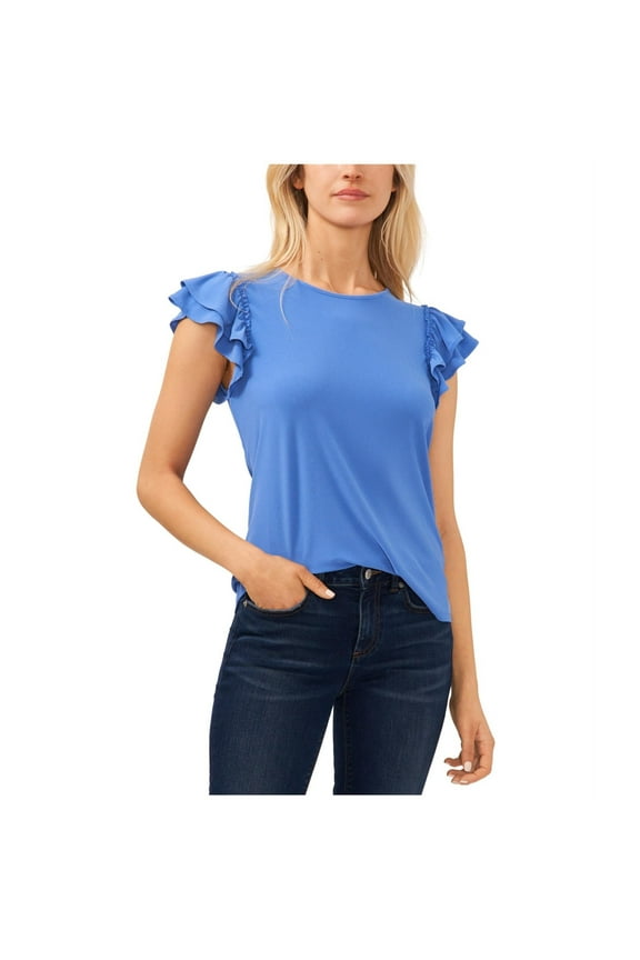 Womens Ruffled Flutter Sleeve Knit Blouse, Blue, Small
