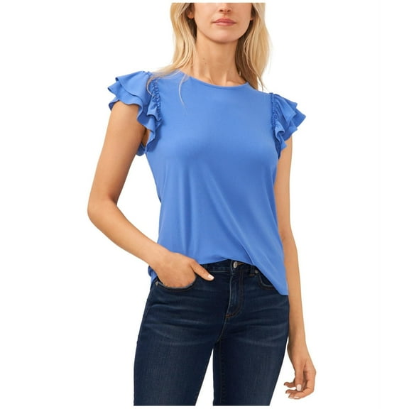 CeCe Womens Ruffled Flutter Sleeve Knit Blouse, Blue, Small