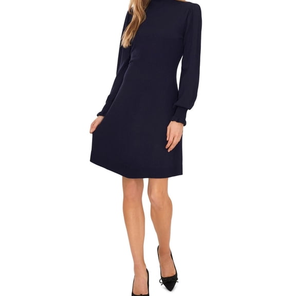 CeCe Womens Smocked Mock Neck Sweater Dress, Blue, Small