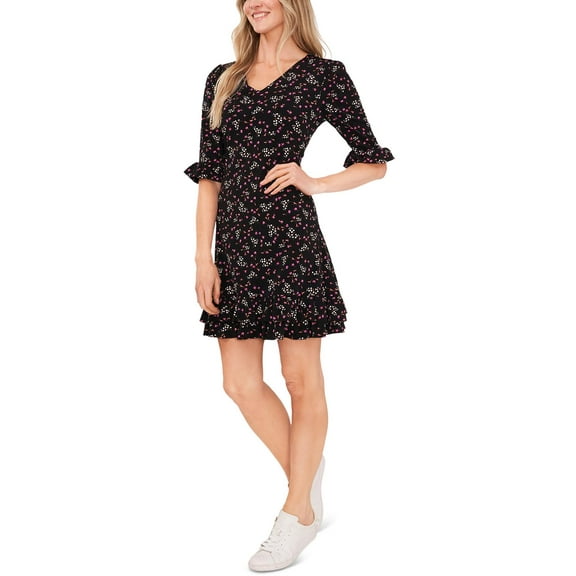 Women's Printed V-Neck Ruffle-Hem Knit Dress Rich Black XS