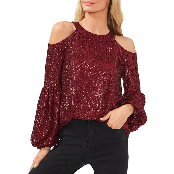 CeCe Womens   Sequined Cold Shoulder Blouse