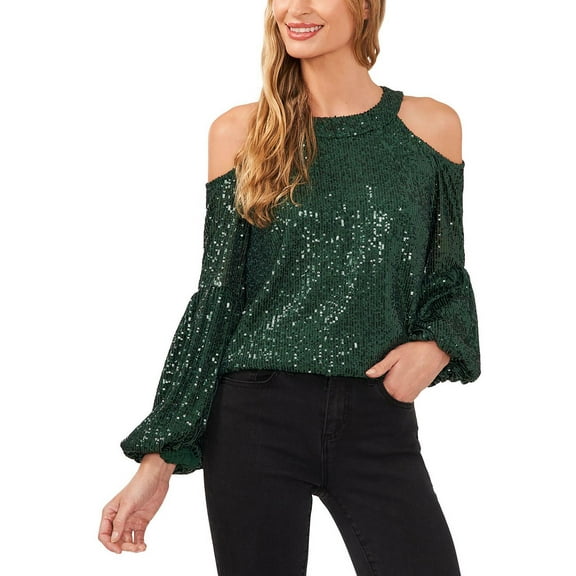 CeCe Womens   Sequined Cold Shoulder Blouse