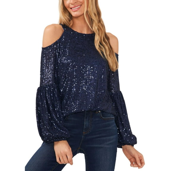 CeCe Womens Sequined Cold Shoulder Blouse