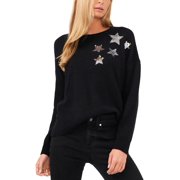 CeCe Crewneck Long Sleeve Star Sequin Sweater Womens L Rich Black Pullover