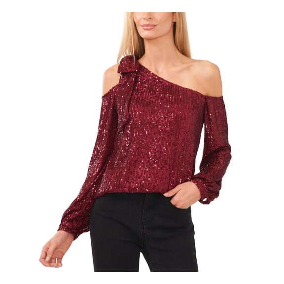 Women's Long Sleeve Sequin Bow Detail One-Shoulder Top Dark Wine M