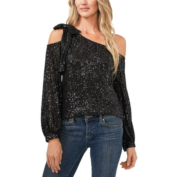 Women's Long Sleeve Sequin Bow Detail One-Shoulder Top Rich Black XL